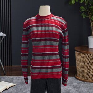 LOGG Striped Knit Sweater Womens Small Red Gray Ribbed Pullover Fall Winter Cozy